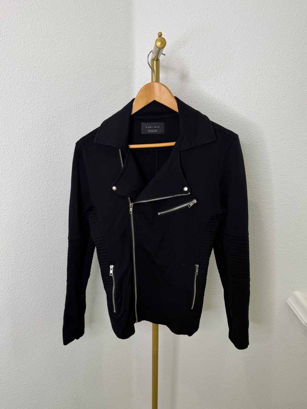 Zara Man Black Cotton Moto Biker Jacket Full Zip Size S Slim Fit